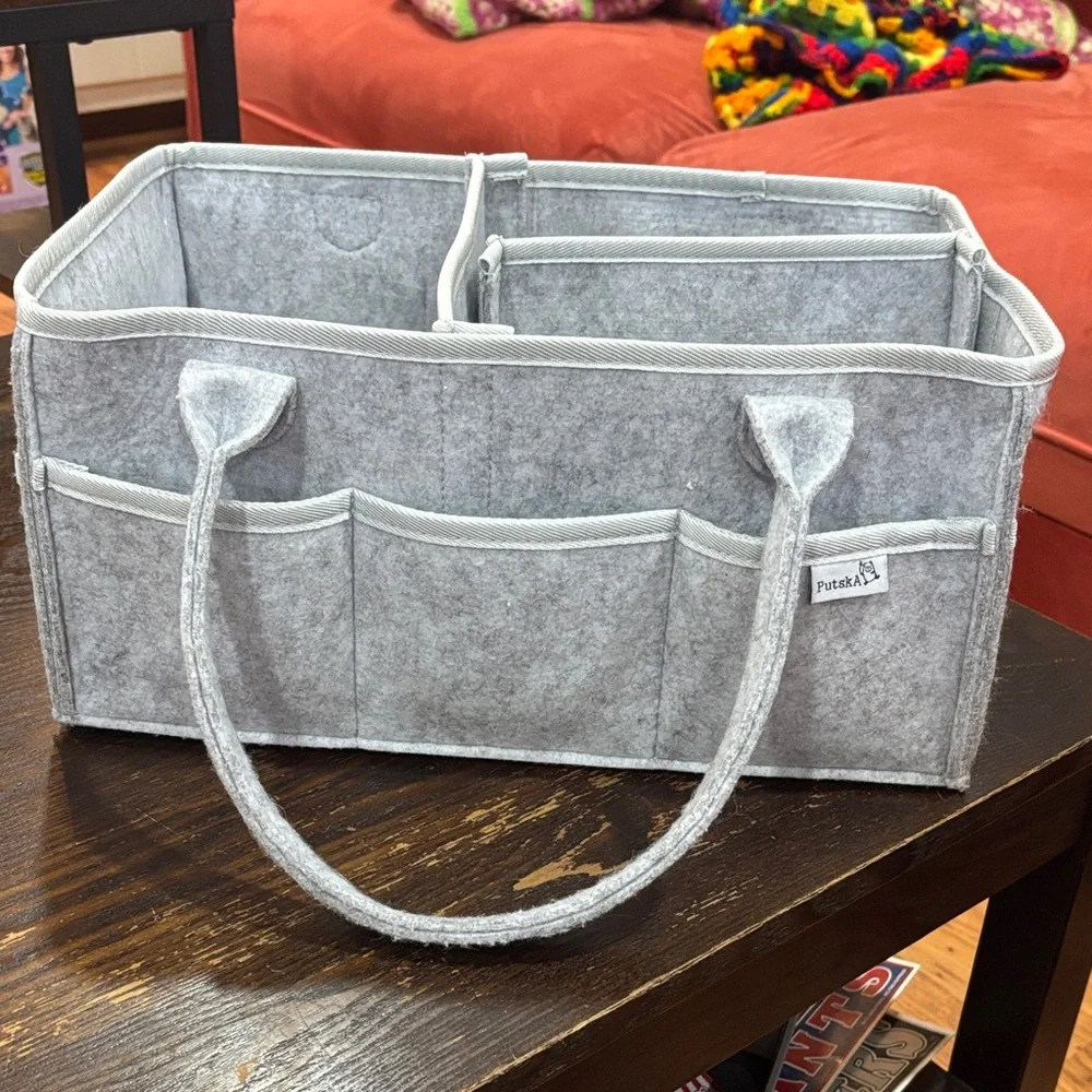 Putska Gray Felt Tote Diaper Organizer with Multiple Pockets